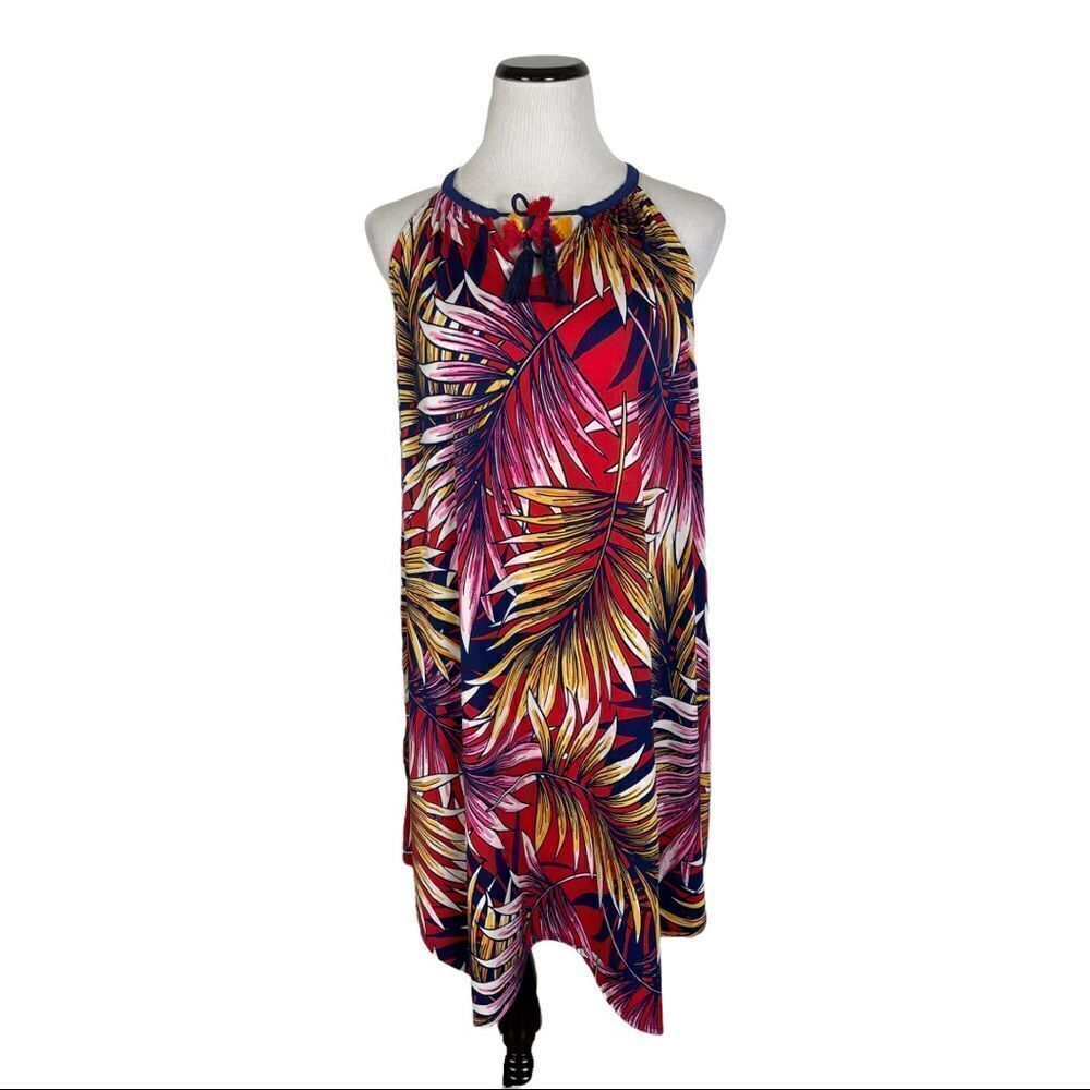 Studio JPR Halter Summer Dress Palm Leaves Red Blue Tassels Size Small